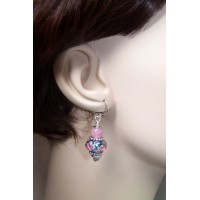 Blue with Pink & White Flowers Murano & Pink Jade on Sterling Silver Earrings